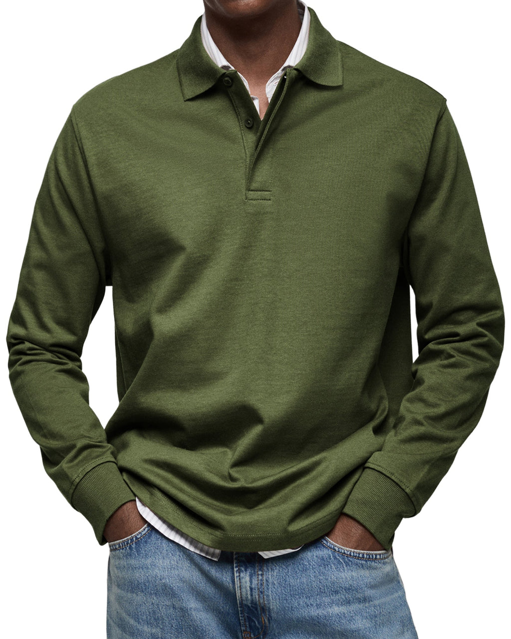 Men's Long-Sleeve Polo Shirt - Button Placket, Fold-Down Collar, Casual Wear
