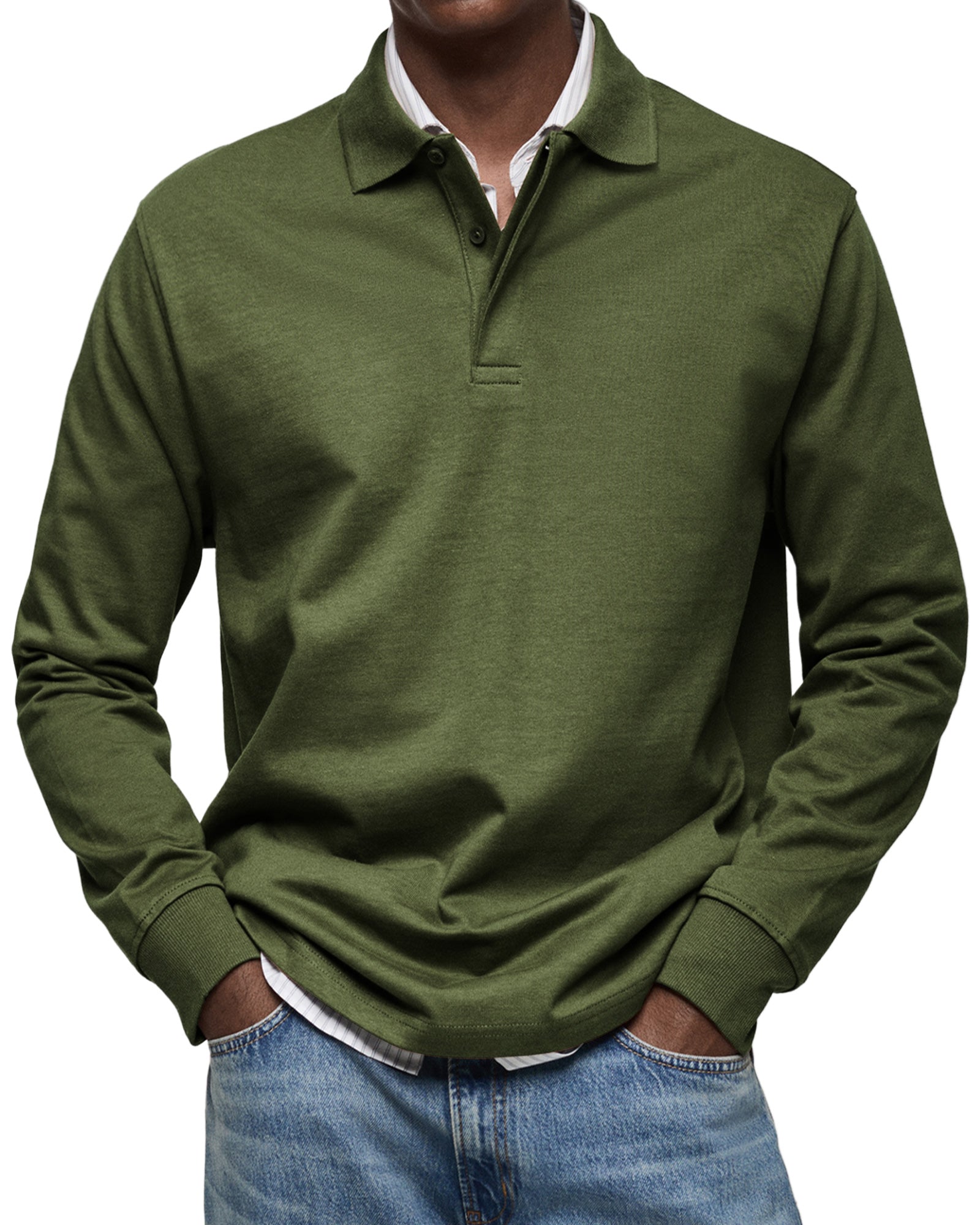 Men's Long-Sleeve Polo Shirt - Button Placket, Fold-Down Collar, Casual Wear