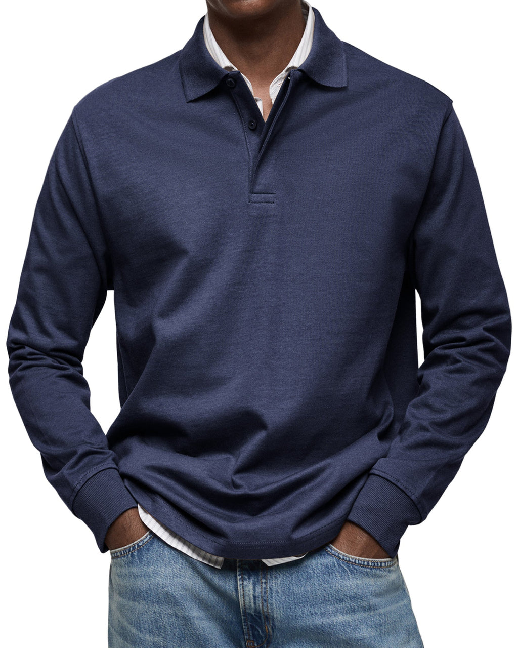Men's Long-Sleeve Polo Shirt - Button Placket, Fold-Down Collar, Casual Wear