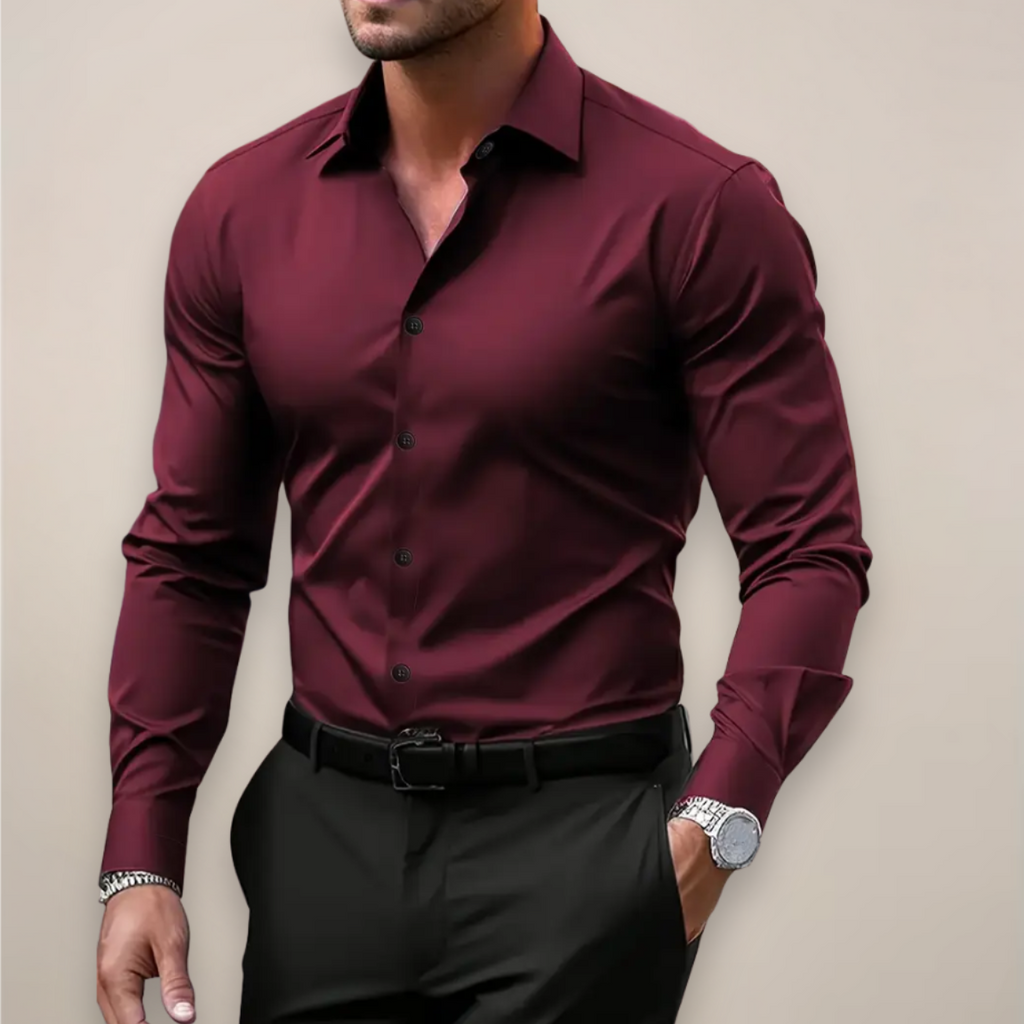 Men's Long-Sleeve Notched Collar Shirt - Casual Cotton Dress Shirt