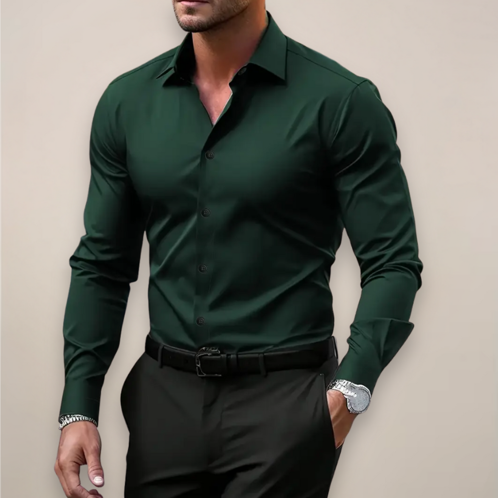 Men's Long-Sleeve Notched Collar Shirt - Casual Cotton Dress Shirt