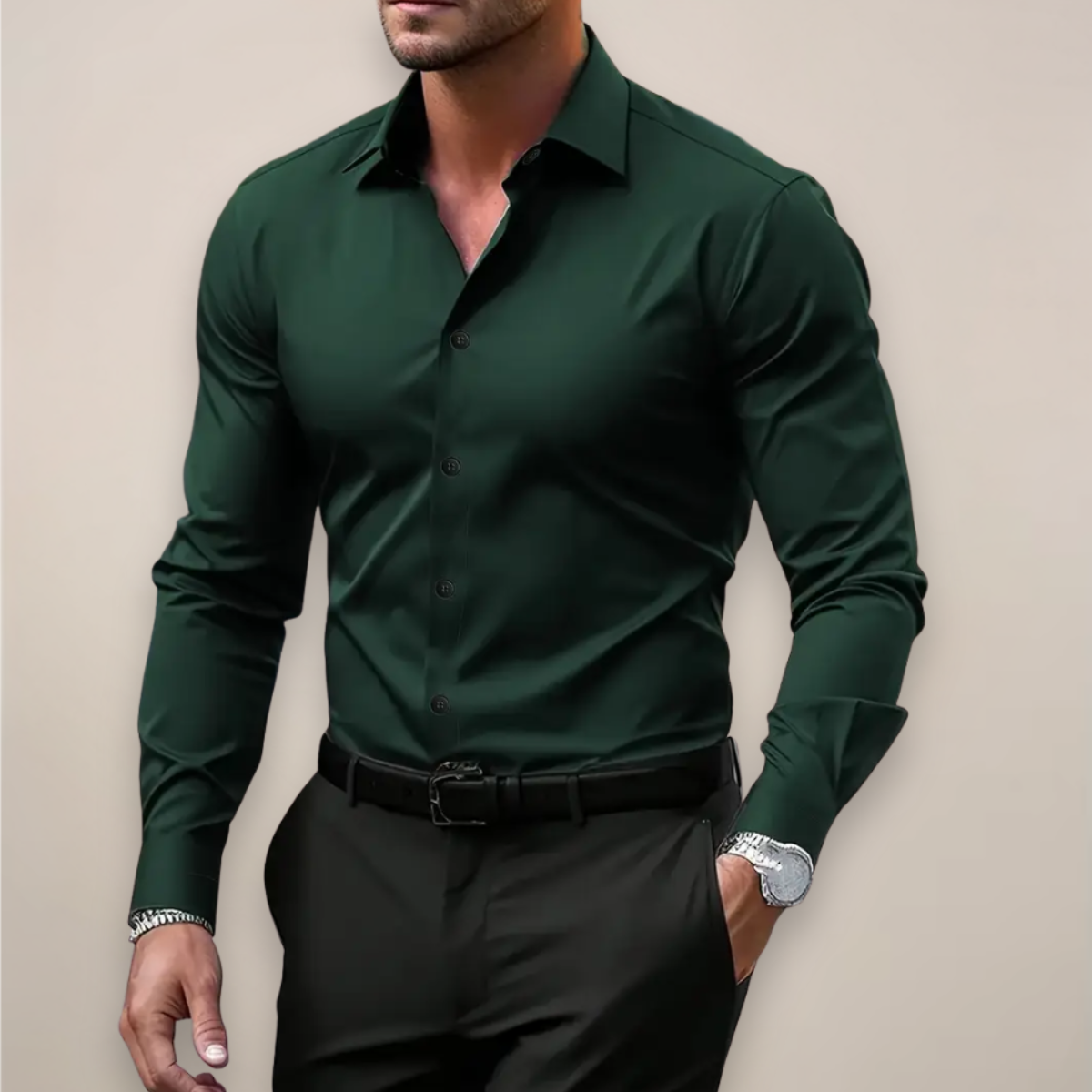 Men's Long-Sleeve Notched Collar Shirt - Casual Cotton Dress Shirt