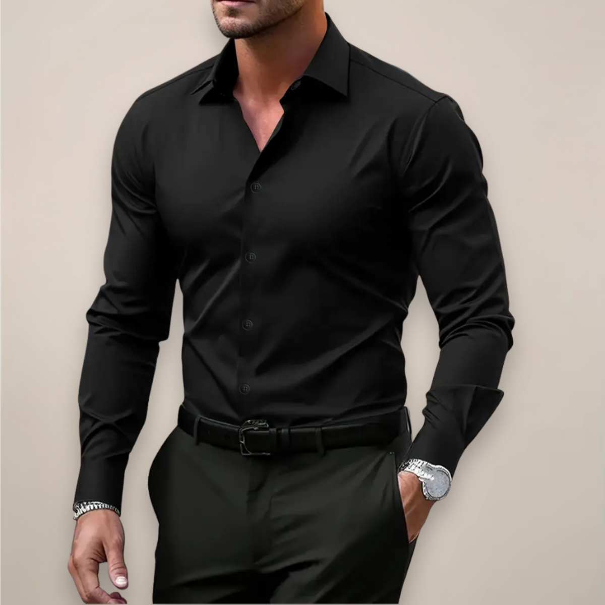 Men's Long-Sleeve Notched Collar Shirt - Casual Cotton Dress Shirt