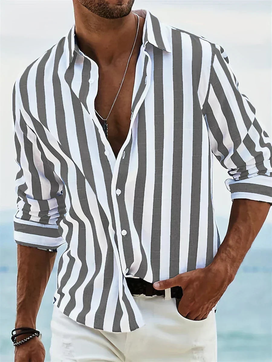 Men's Long Sleeve Vertical Striped Shirt with Button-Front and Spread Collar