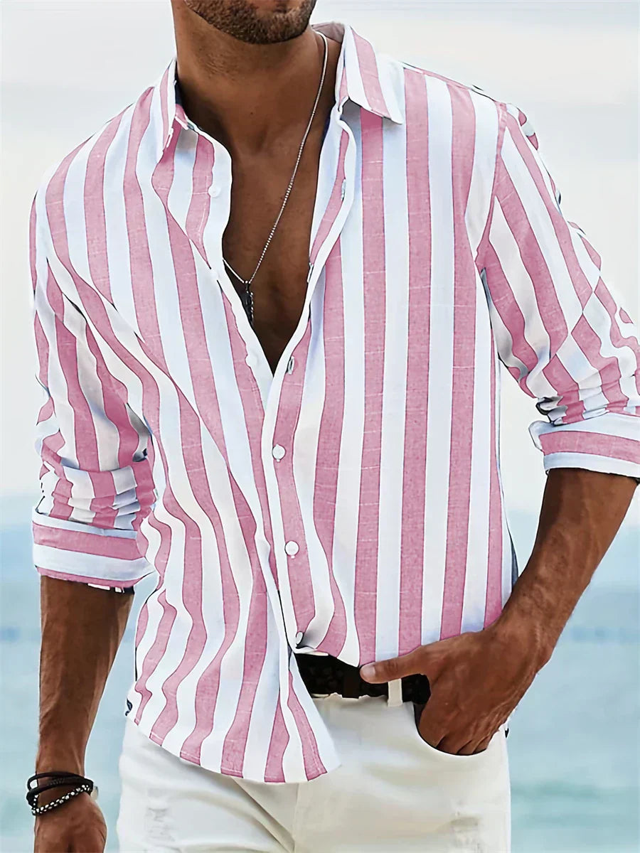 Men's Long Sleeve Vertical Striped Shirt with Button-Front and Spread Collar