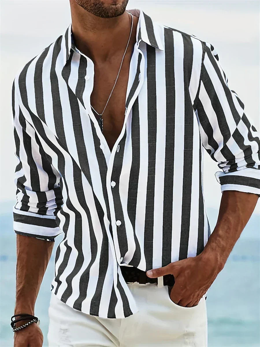 Men's Long Sleeve Vertical Striped Shirt with Button-Front and Spread Collar