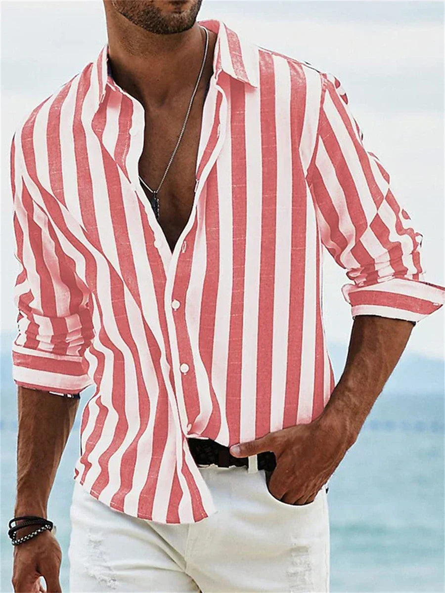 Men's Long Sleeve Vertical Striped Shirt with Button-Front and Spread Collar