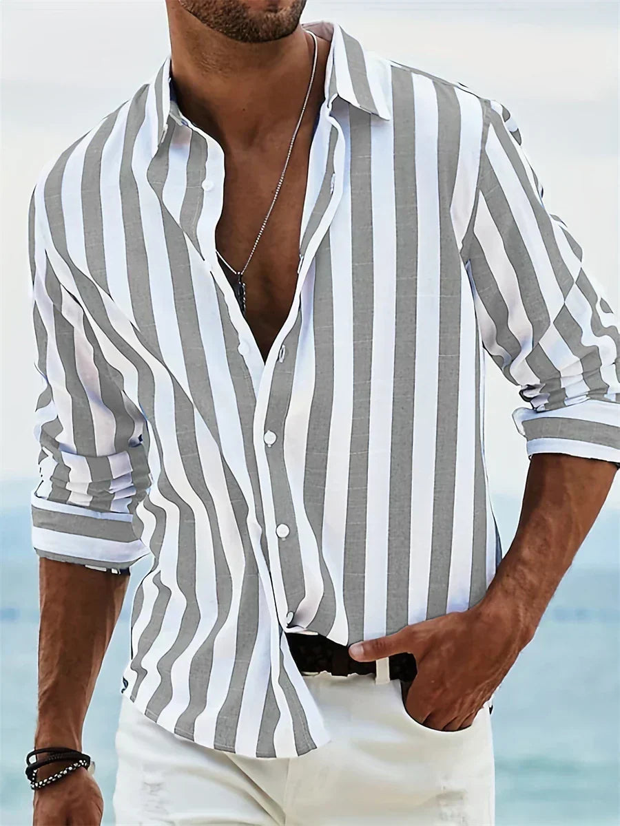 Men's Long Sleeve Vertical Striped Shirt with Button-Front and Spread Collar