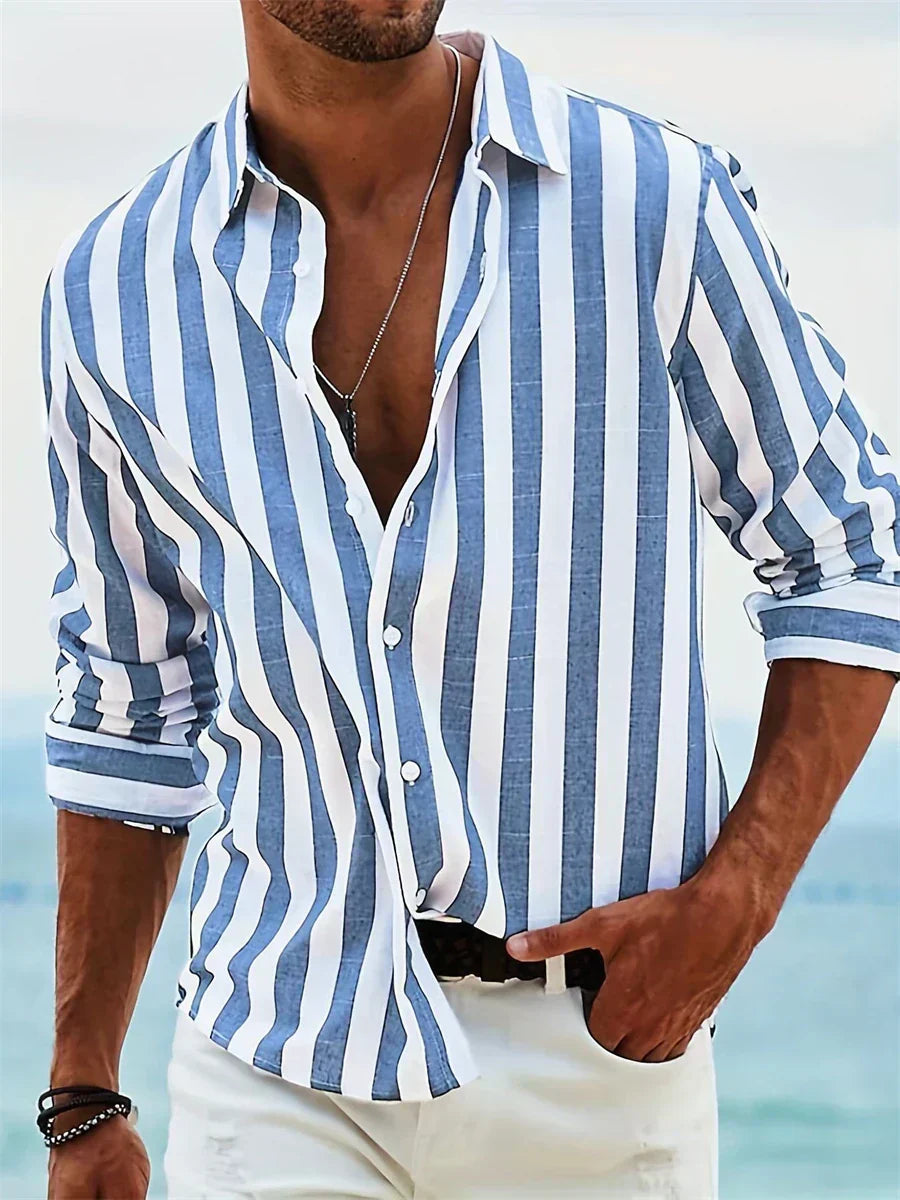 Men's Long Sleeve Vertical Striped Shirt with Button-Front and Spread Collar