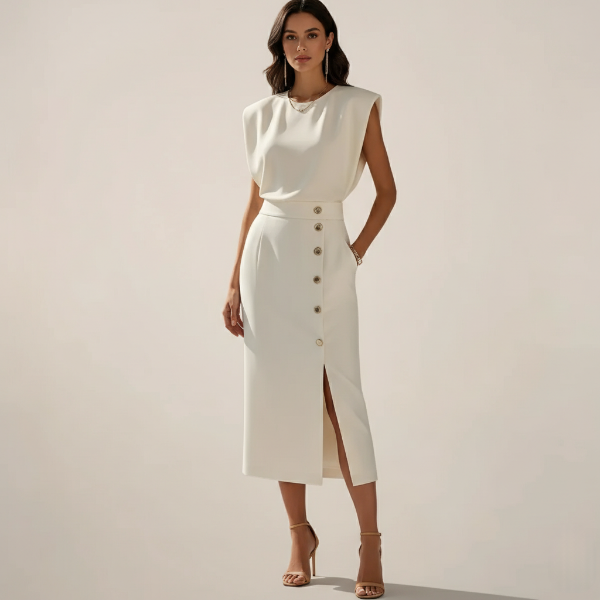 Midi Dress with Button Detail and Side Slit - Casual Women's Fashion Dress