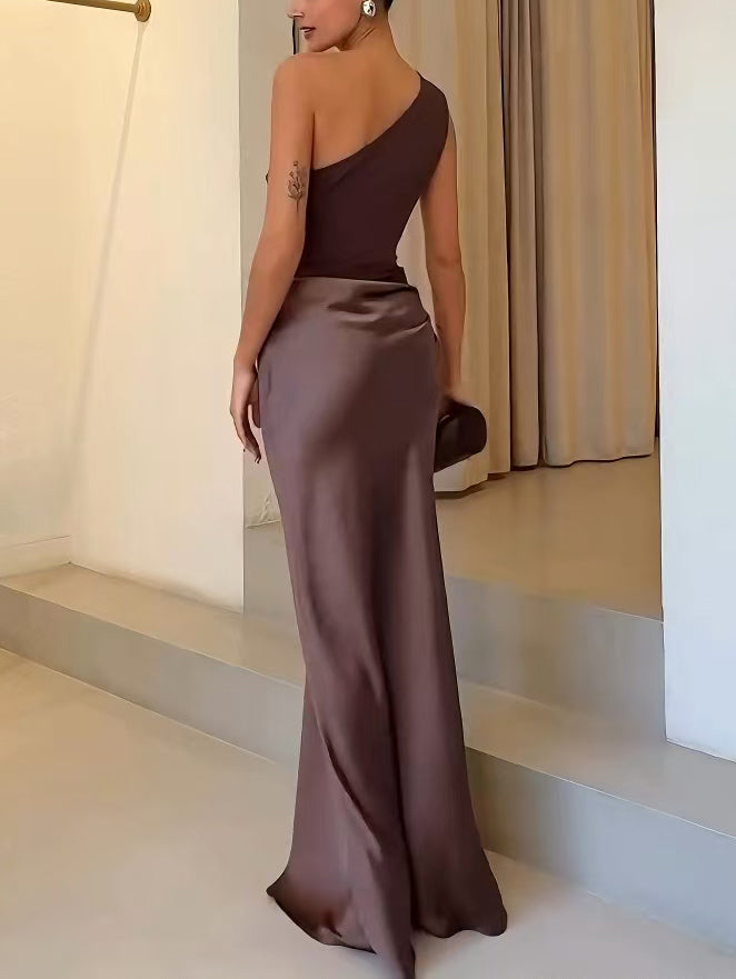 One-Shoulder Satin Maxi Dress with Pleated Waist - Formal Evening Wear