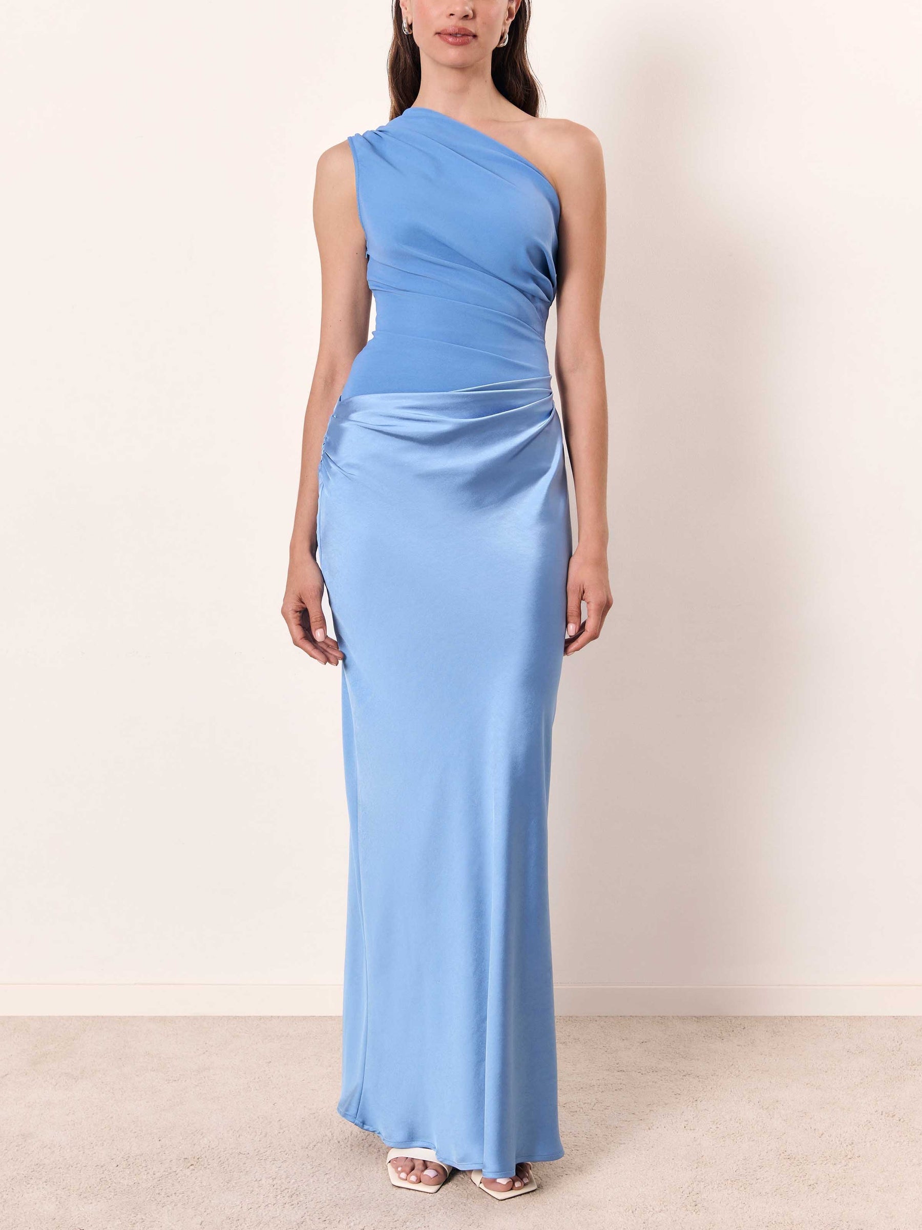 One-Shoulder Satin Maxi Dress with Pleated Waist - Formal Evening Wear