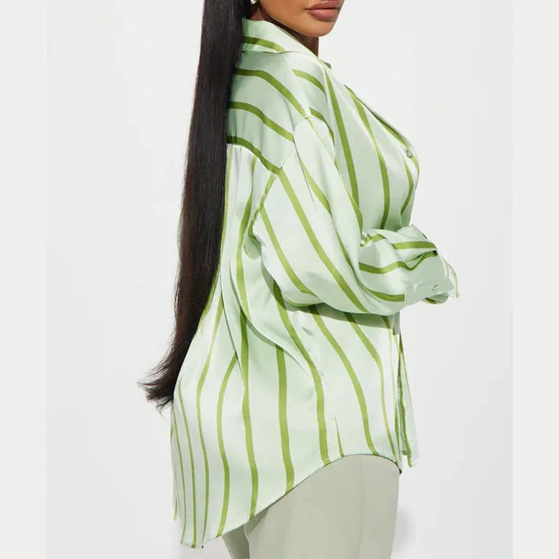 Satin Stripe Button-Up Shirt for Women - Lightweight Soft Fabric - Casual Office Wear