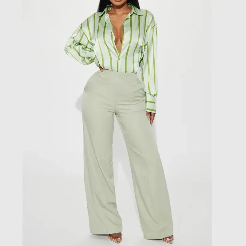 Satin Stripe Button-Up Shirt for Women - Lightweight Soft Fabric - Casual Office Wear
