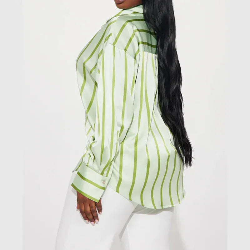 Satin Stripe Button-Up Shirt for Women - Lightweight Soft Fabric - Casual Office Wear