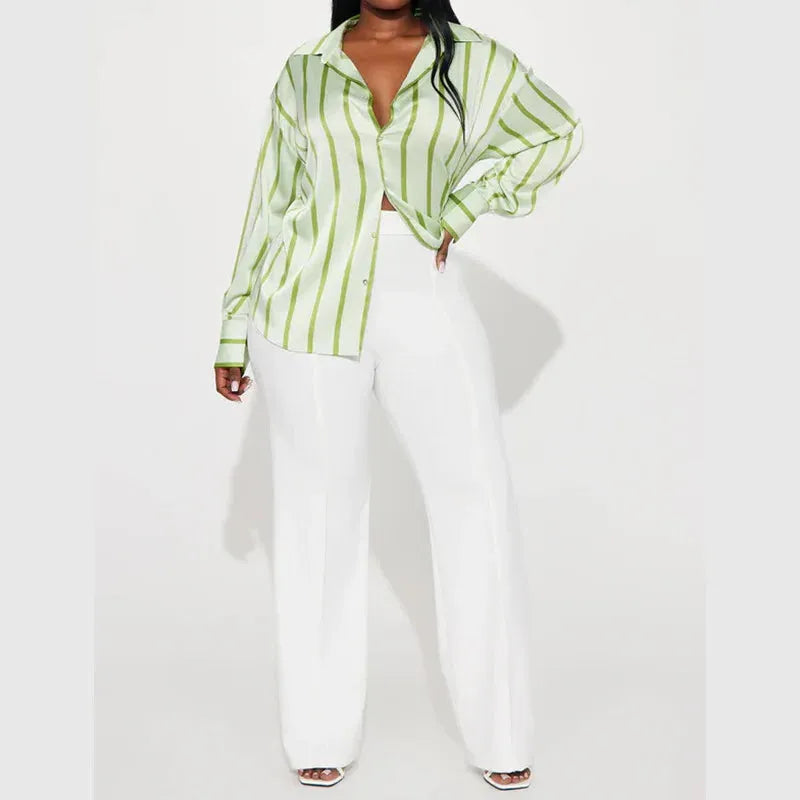 Satin Stripe Button-Up Shirt for Women - Lightweight Soft Fabric - Casual Office Wear