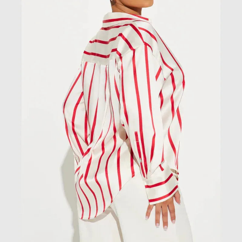 Satin Stripe Button-Up Shirt for Women - Lightweight Soft Fabric - Casual Office Wear