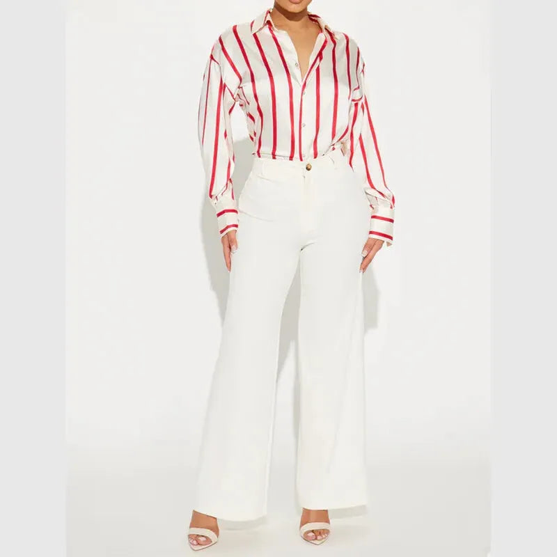 Satin Stripe Button-Up Shirt for Women - Lightweight Soft Fabric - Casual Office Wear