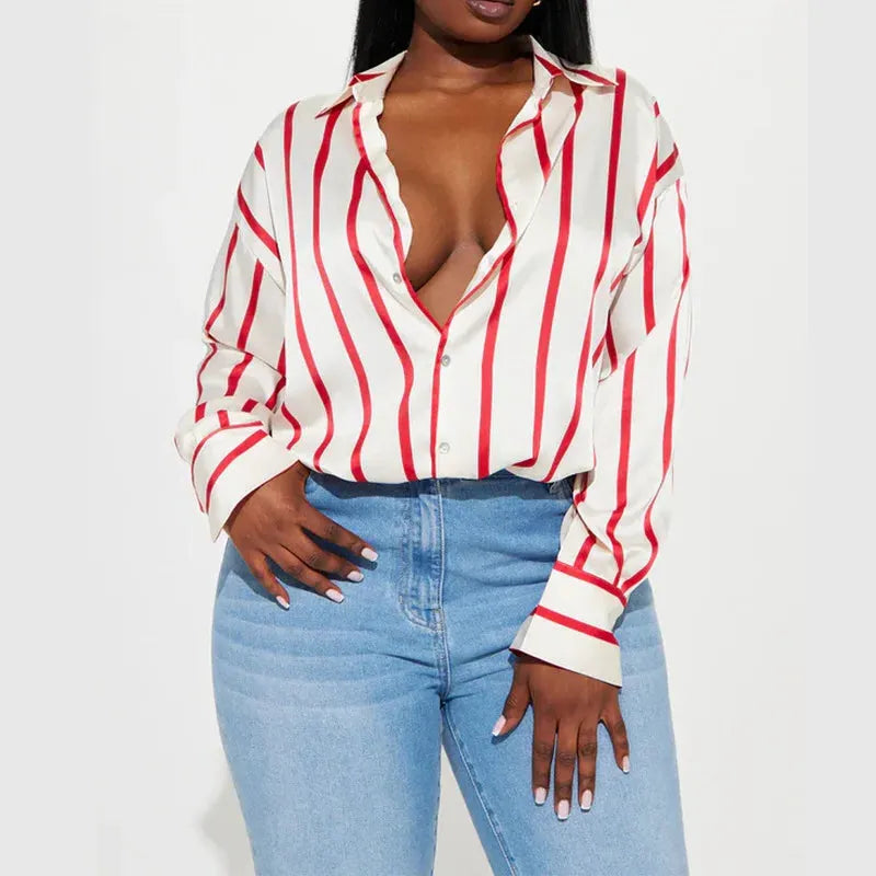 Satin Stripe Button-Up Shirt for Women - Lightweight Soft Fabric - Casual Office Wear