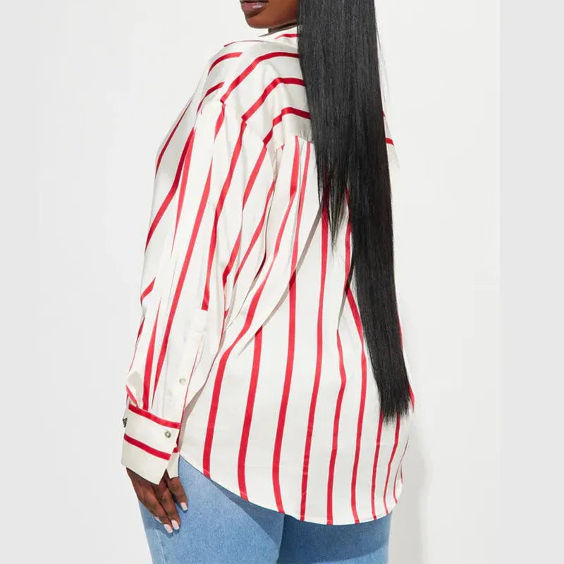 Satin Stripe Button-Up Shirt for Women - Lightweight Soft Fabric - Casual Office Wear