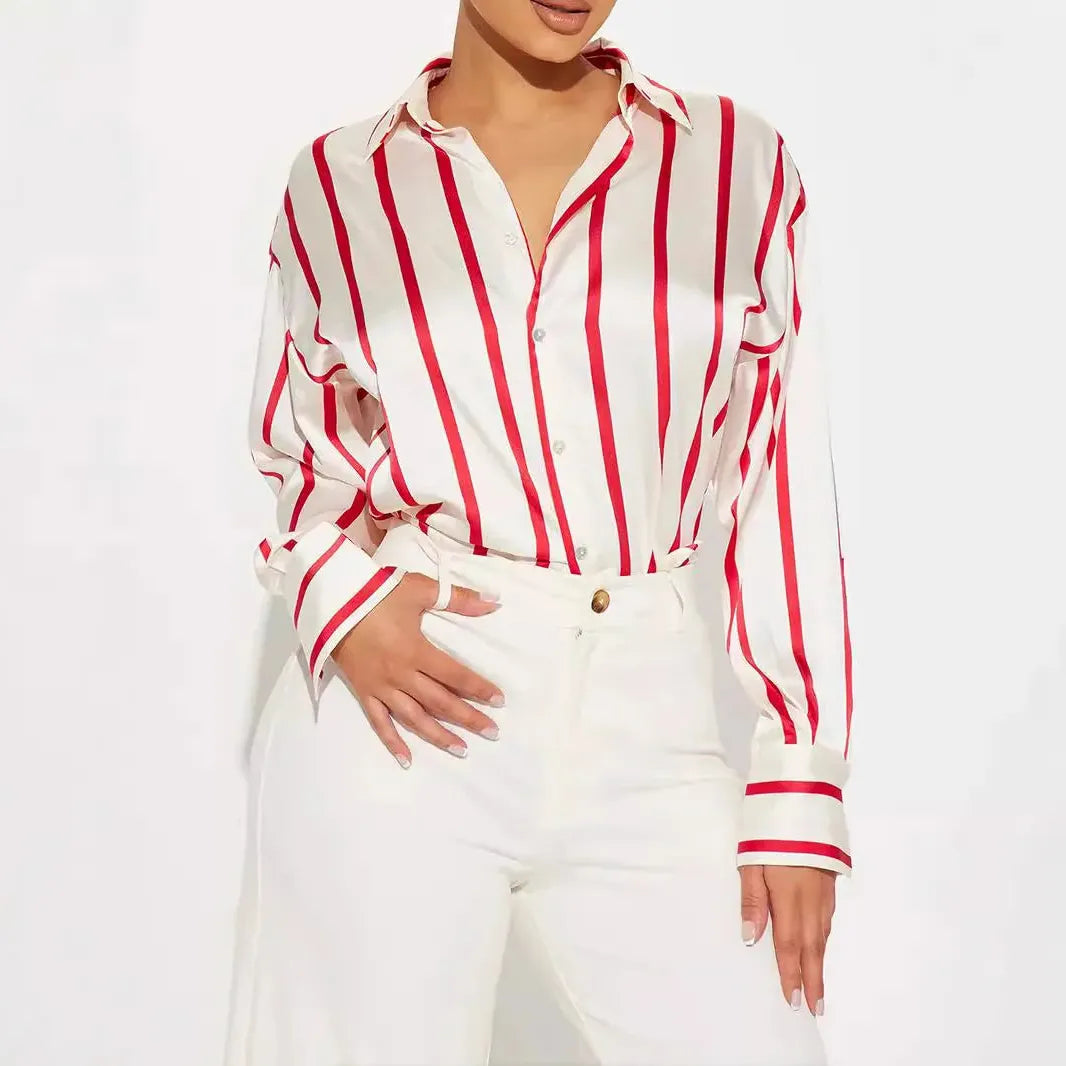 Satin Stripe Button-Up Shirt for Women - Lightweight Soft Fabric - Casual Office Wear