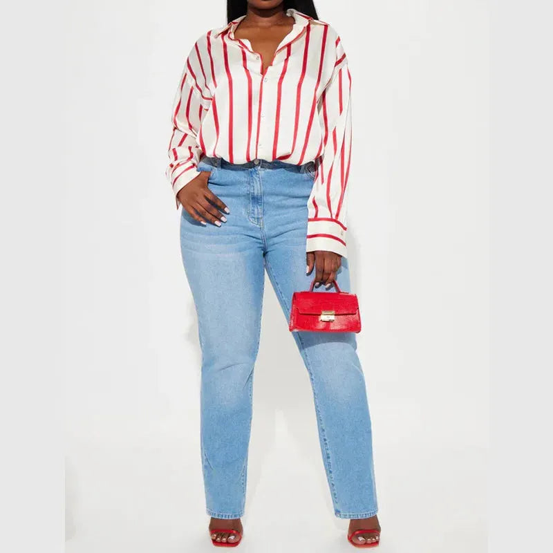 Satin Stripe Button-Up Shirt for Women - Lightweight Soft Fabric - Casual Office Wear