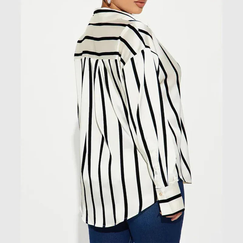 Satin Stripe Button-Up Shirt for Women - Lightweight Soft Fabric - Casual Office Wear