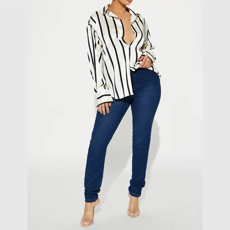 Satin Stripe Button-Up Shirt for Women - Lightweight Soft Fabric - Casual Office Wear