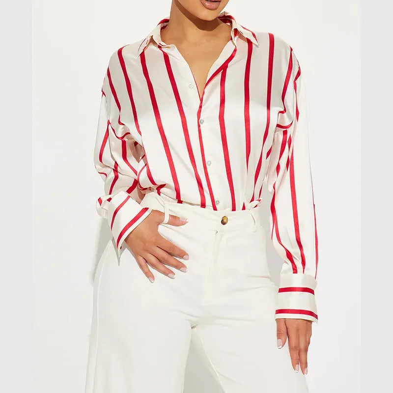 Satin Stripe Button-Up Shirt for Women - Lightweight Soft Fabric - Casual Office Wear