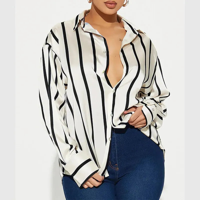 Satin Stripe Button-Up Shirt for Women - Lightweight Soft Fabric - Casual Office Wear