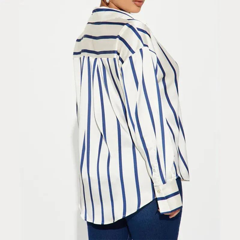 Satin Stripe Button-Up Shirt for Women - Lightweight Soft Fabric - Casual Office Wear