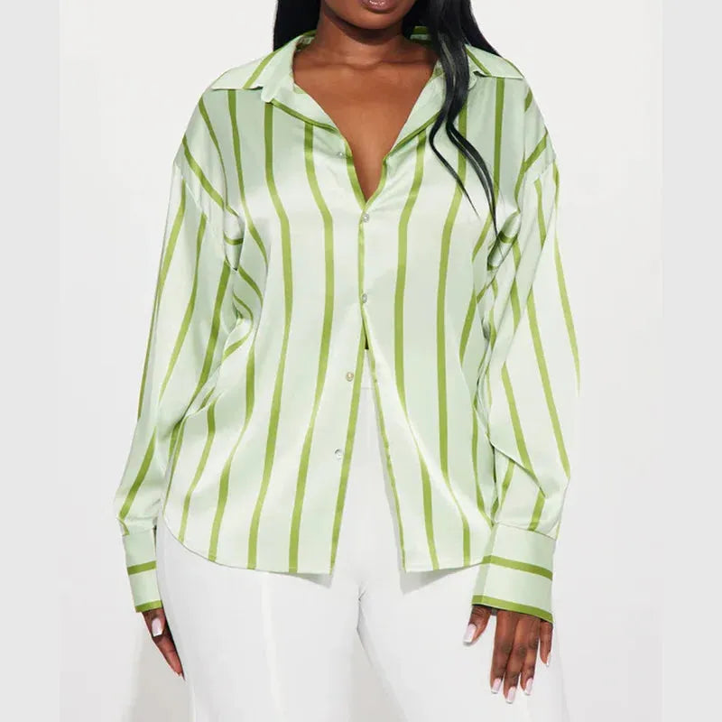 Satin Stripe Button-Up Shirt for Women - Lightweight Soft Fabric - Casual Office Wear
