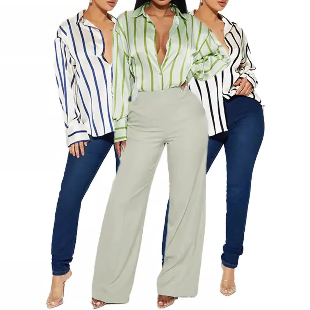 Satin Stripe Button-Up Shirt for Women - Lightweight Soft Fabric - Casual Office Wear