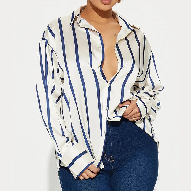 Satin Stripe Button-Up Shirt for Women - Lightweight Soft Fabric - Casual Office Wear