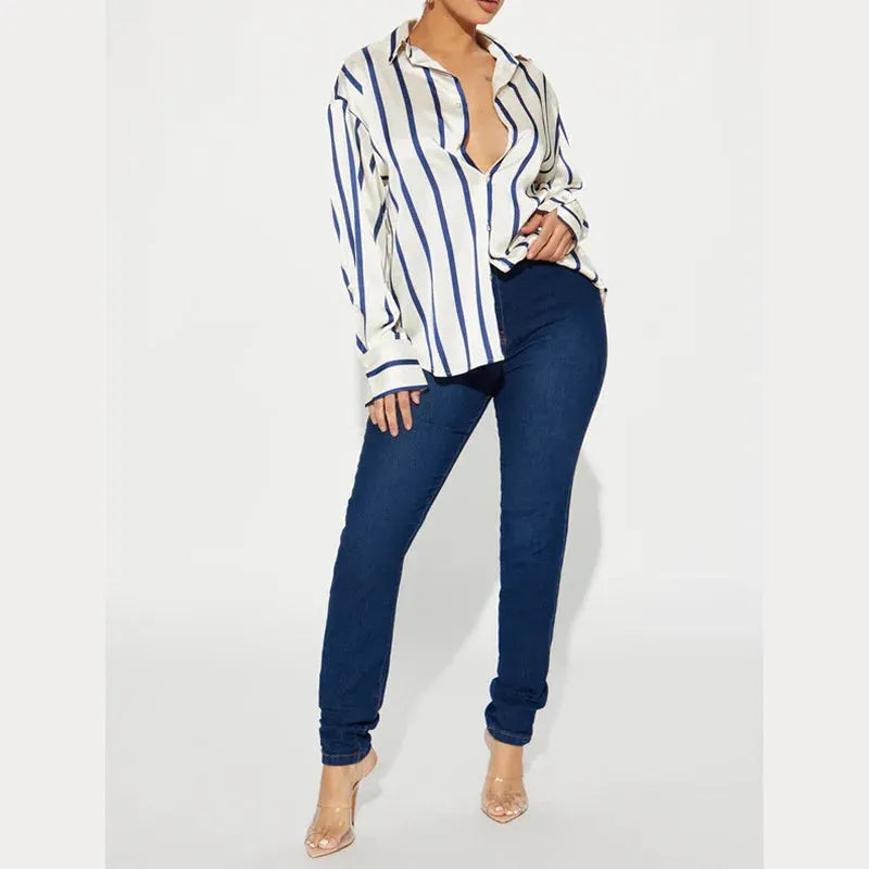 Satin Stripe Button-Up Shirt for Women - Lightweight Soft Fabric - Casual Office Wear