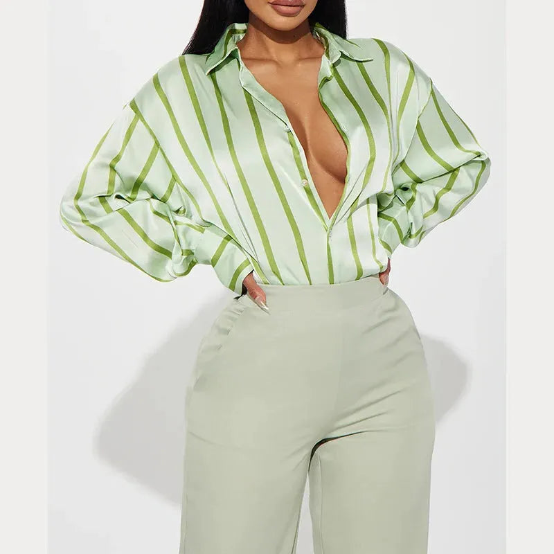 Satin Stripe Button-Up Shirt for Women - Lightweight Soft Fabric - Casual Office Wear