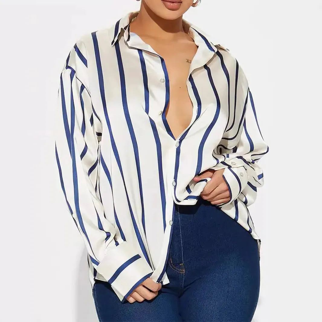 Satin Stripe Button-Up Shirt for Women - Lightweight Soft Fabric - Casual Office Wear