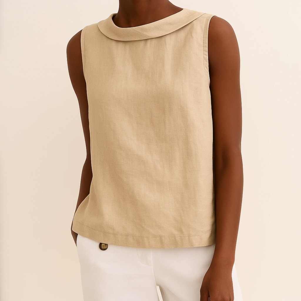 Sleeveless Blouse for Women with Rolled Collar and Curved Hem - Casual/Office Wear