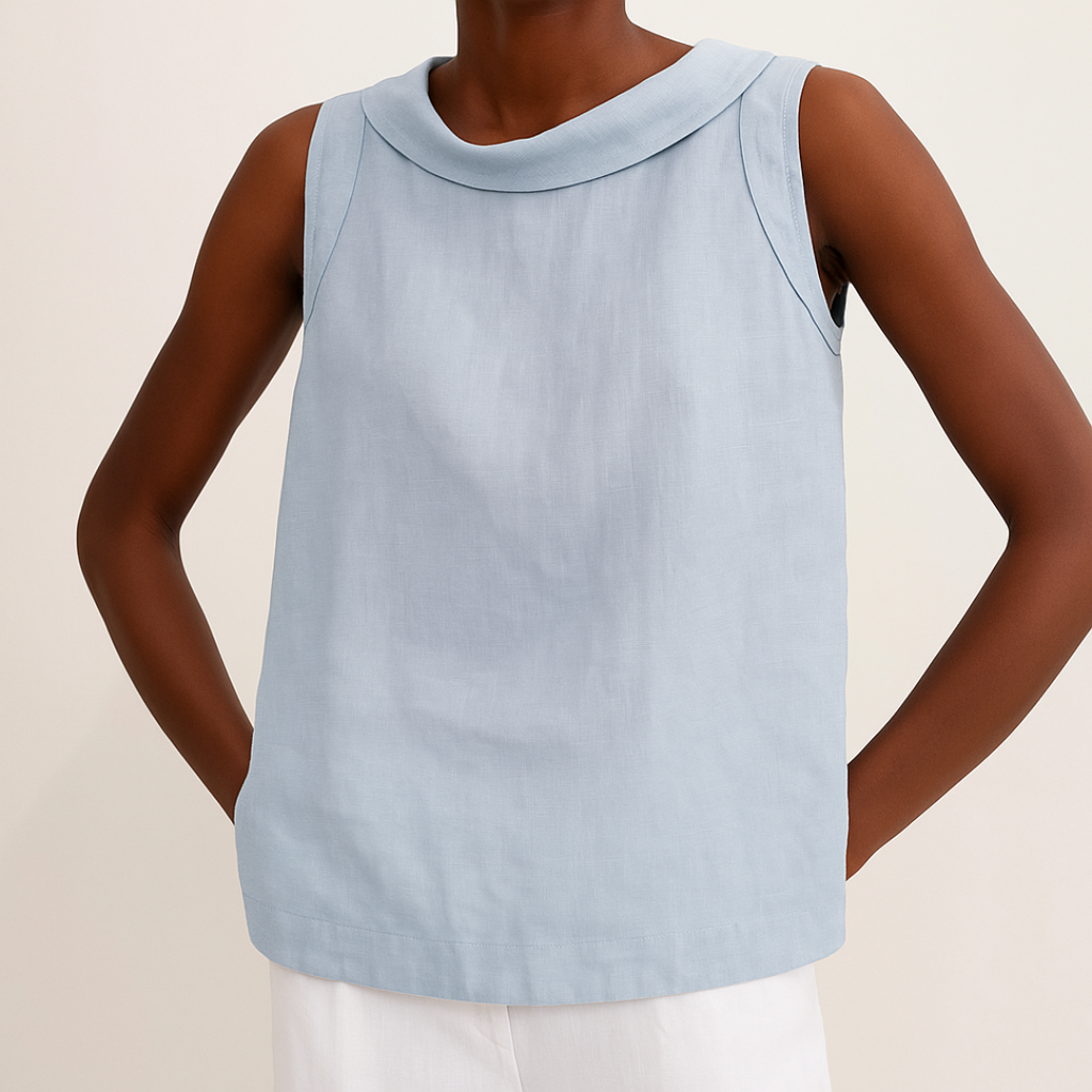Sleeveless Blouse for Women with Rolled Collar and Curved Hem - Casual/Office Wear