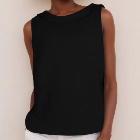 Sleeveless Blouse for Women with Rolled Collar and Curved Hem - Casual/Office Wear