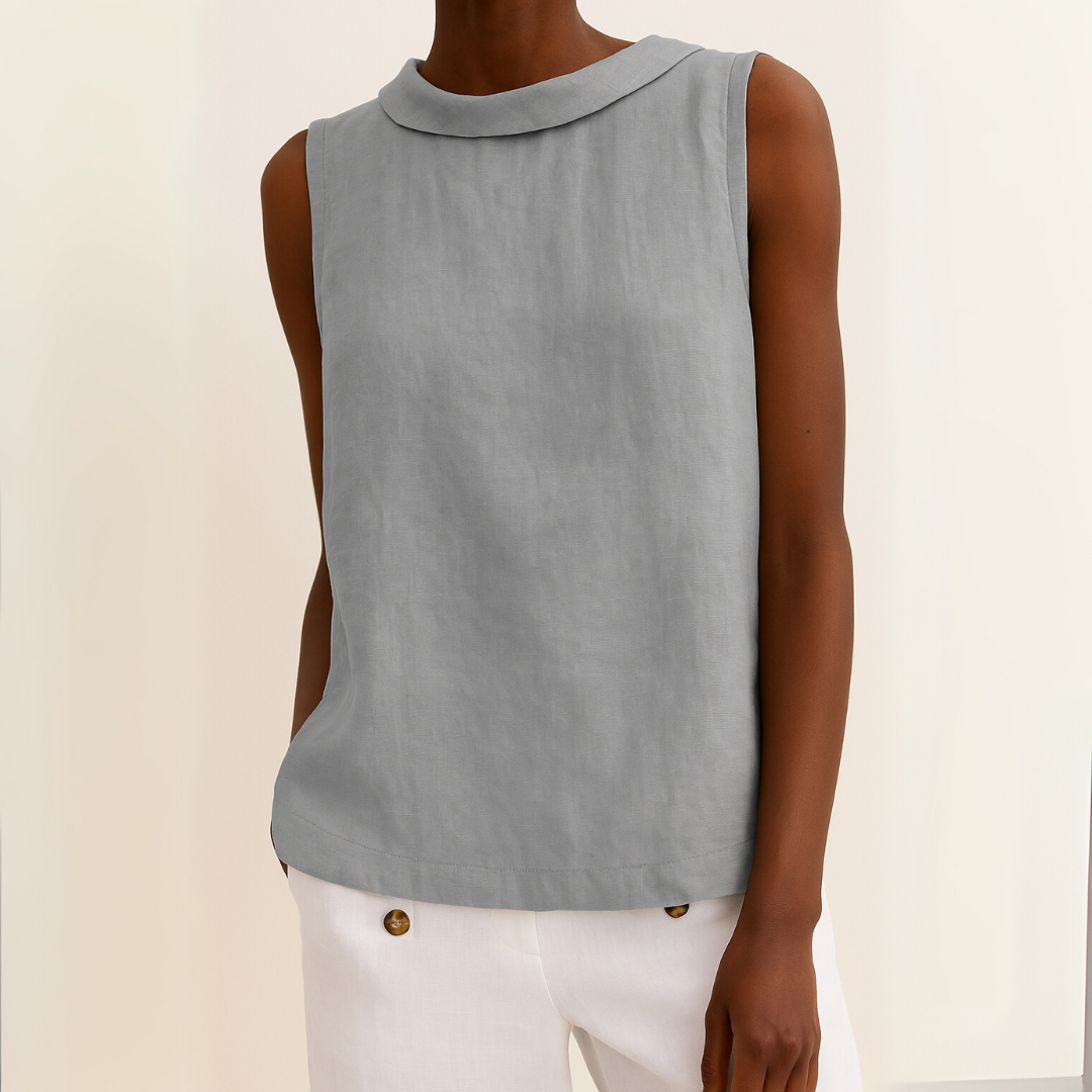 Sleeveless Blouse for Women with Rolled Collar and Curved Hem - Casual/Office Wear