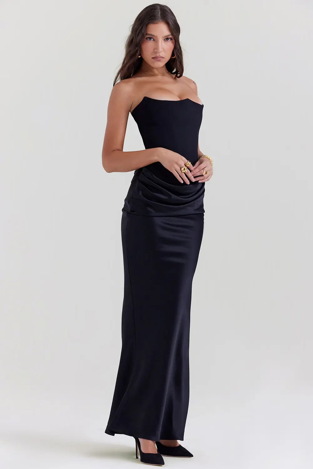 Strapless Maxi Dress - Lightweight Fabric, Gathered Waist, Summer Evening Wear