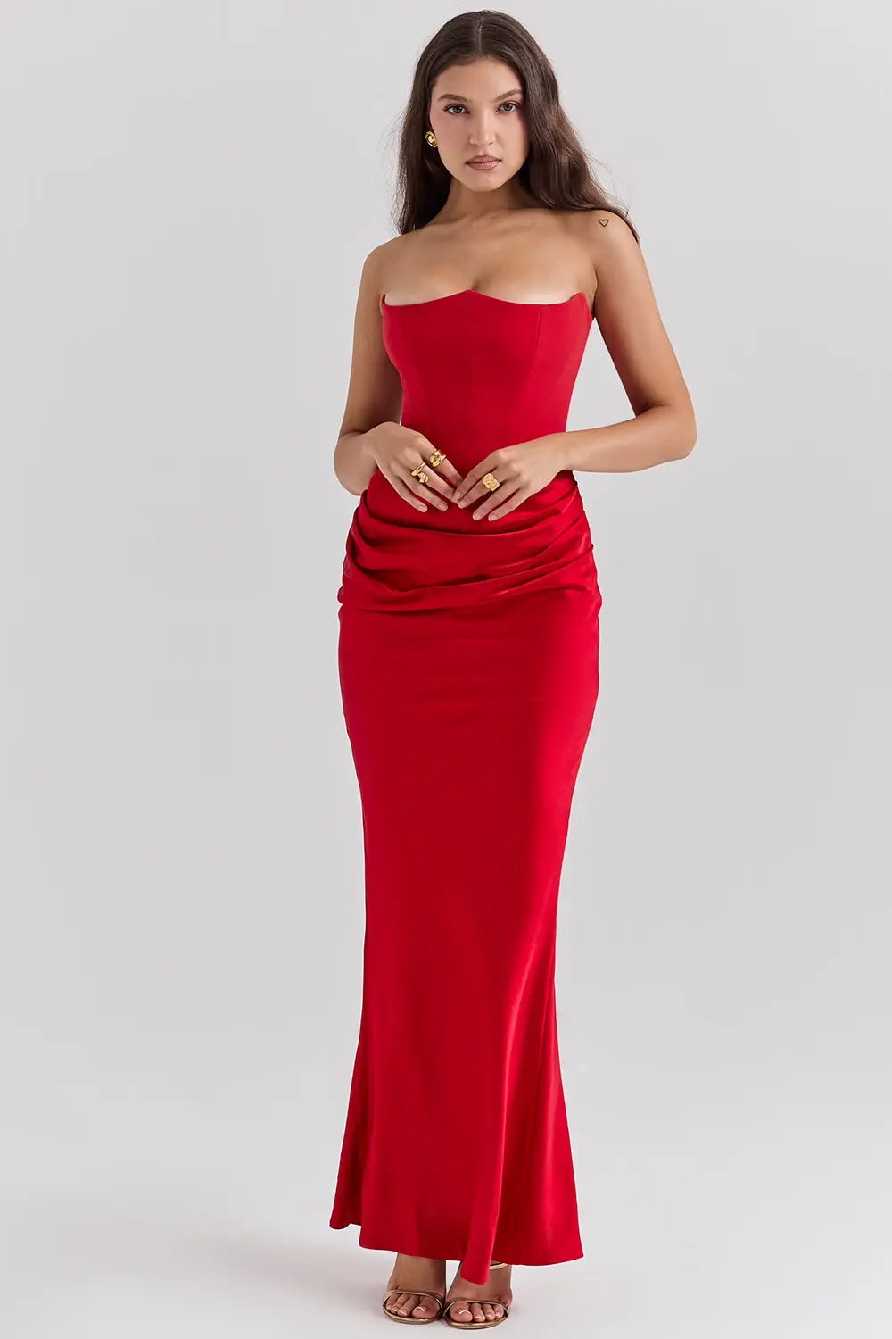 Strapless Maxi Dress - Lightweight Fabric, Gathered Waist, Summer Evening Wear