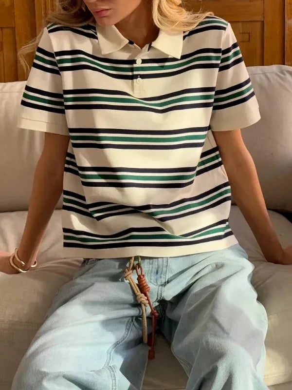 Women's Stripe Polo Tee - Soft Cotton Blend Casual Shirt for Everyday Wear