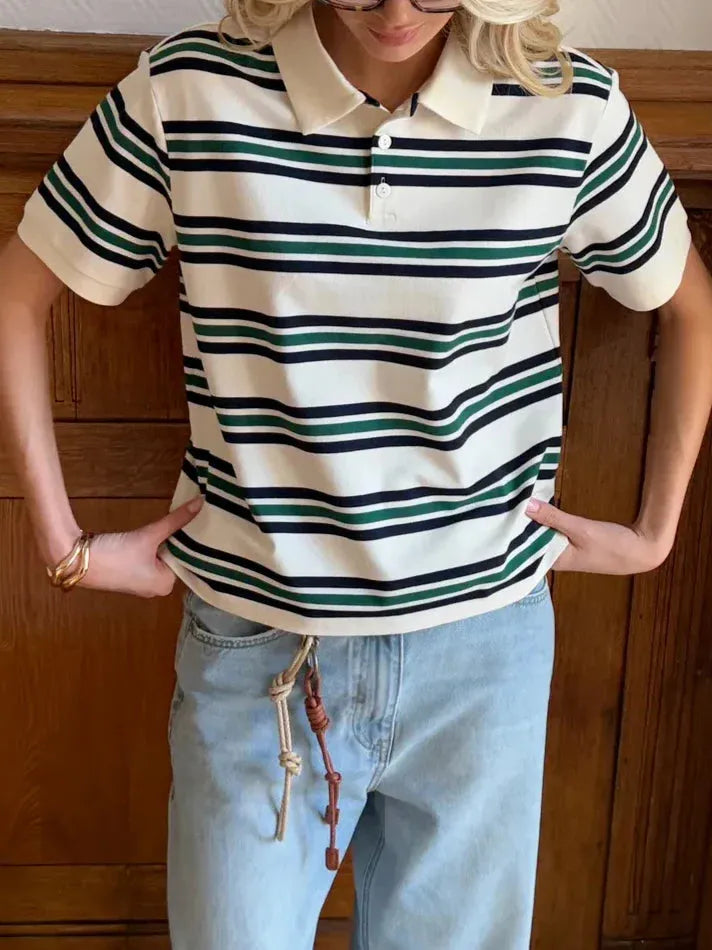Women's Stripe Polo Tee - Soft Cotton Blend Casual Shirt for Everyday Wear