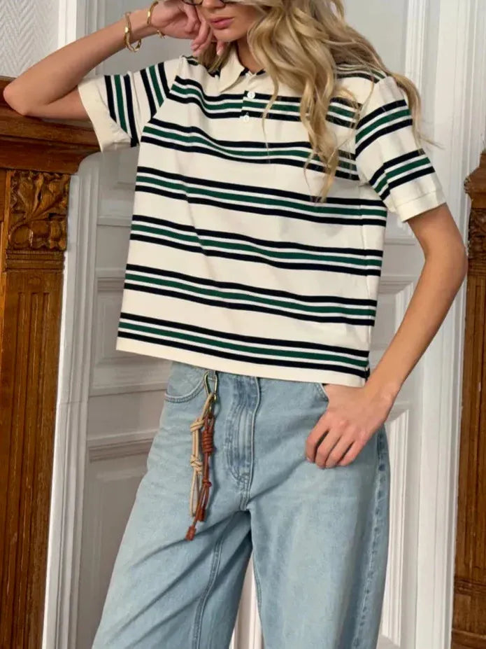 Women's Stripe Polo Tee - Soft Cotton Blend Casual Shirt for Everyday Wear