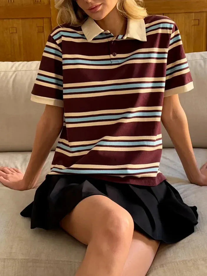 Women's Stripe Polo Tee - Soft Cotton Blend Casual Shirt for Everyday Wear
