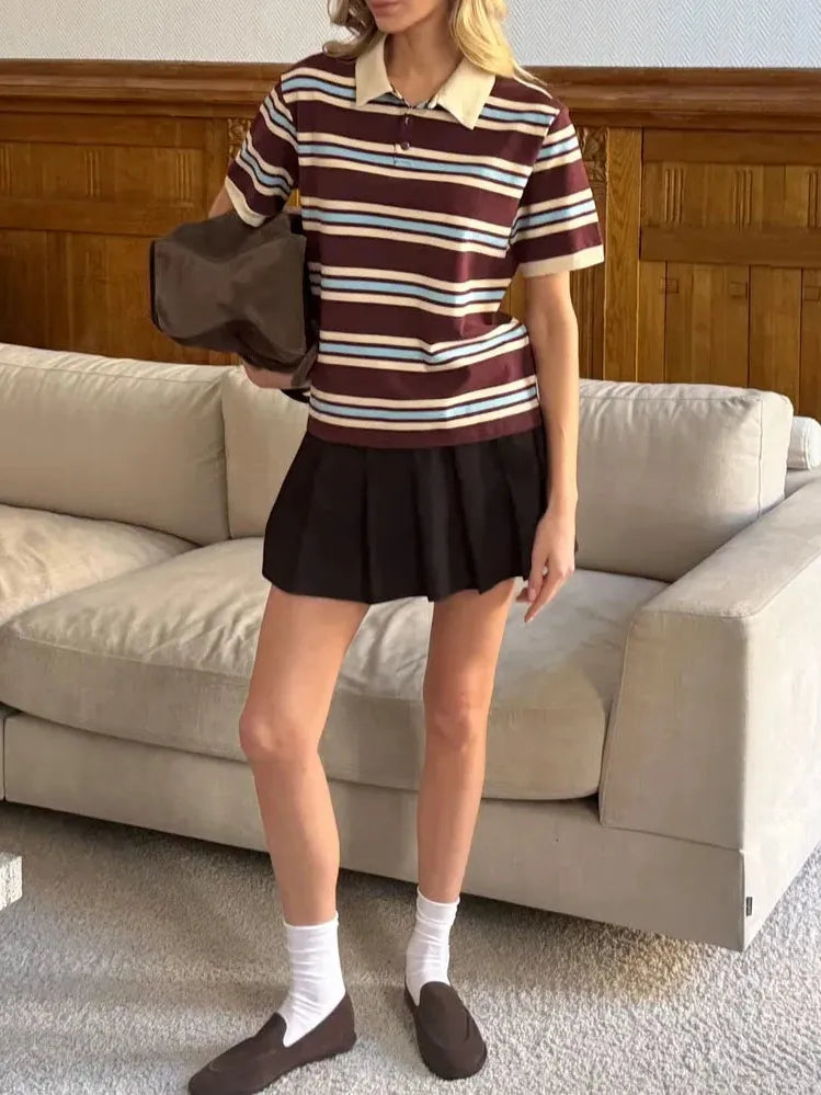 Women's Stripe Polo Tee - Soft Cotton Blend Casual Shirt for Everyday Wear