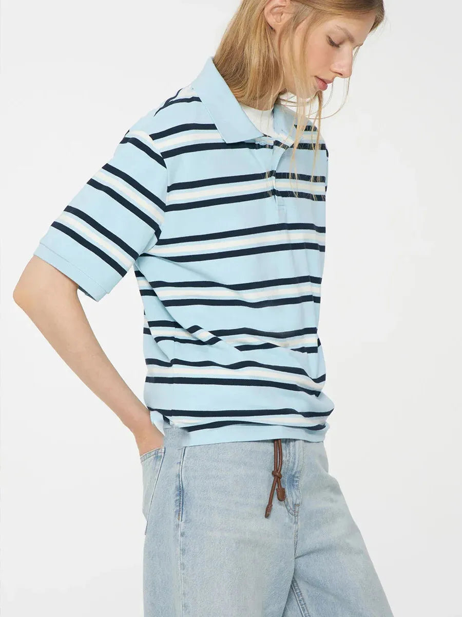 Women's Stripe Polo Tee - Soft Cotton Blend Casual Shirt for Everyday Wear