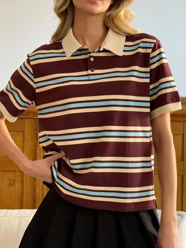 Women's Stripe Polo Tee - Soft Cotton Blend Casual Shirt for Everyday Wear